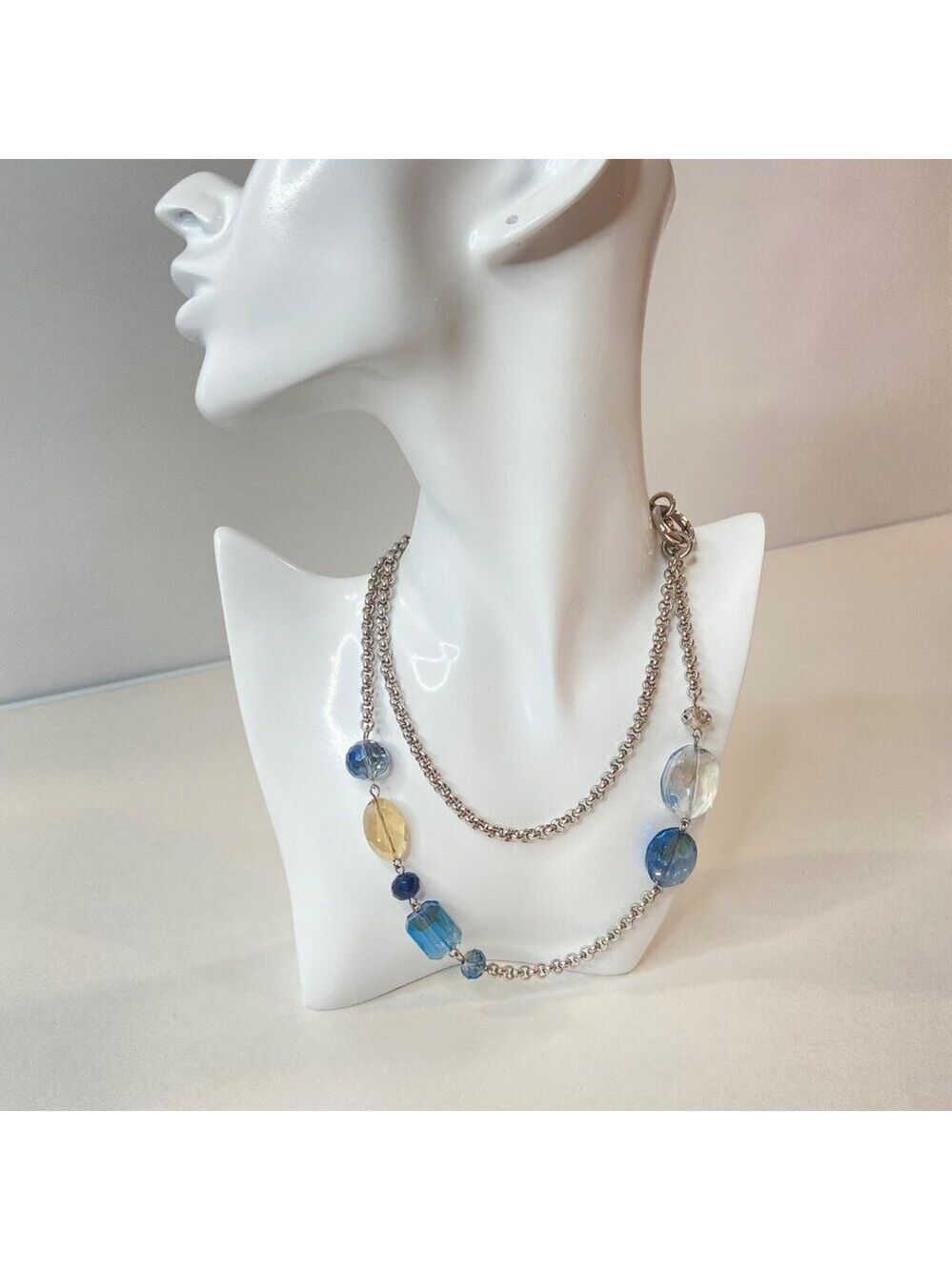 Y2K Two-Strand Silver Chain Necklace With Blue & Clear Beads 18 Inches Long